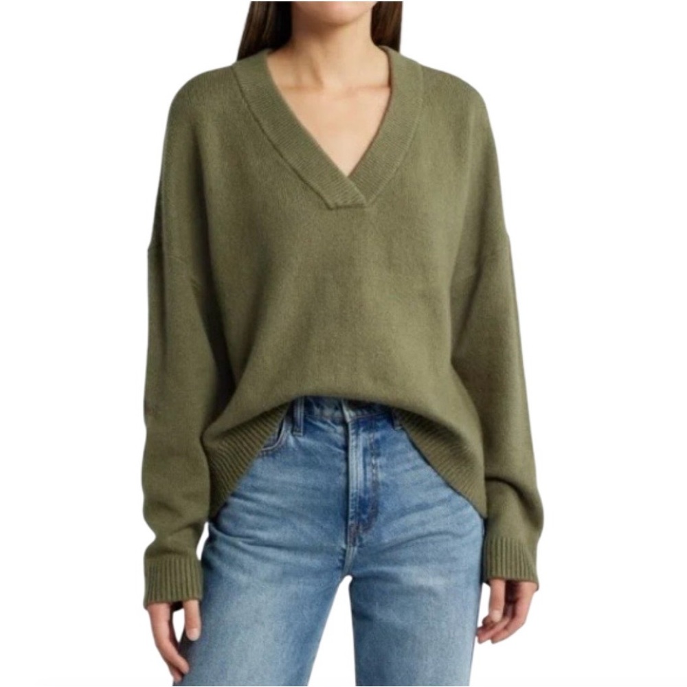 TREASURE & BOND Oversize V-neck Sweater, Olive Kalamata Ribbed Cuff Cotton Blend